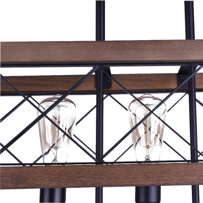 5-Bulb Cuboid X-Cage Drop Pendant Country Black Wood Hanging Island Light for Dining Room