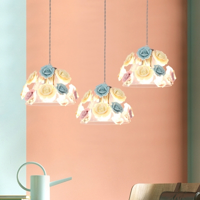 American Flower Conical Drop Pendant 1/3-Head Clear Blown Glass Hanging Light in Pink and Blue