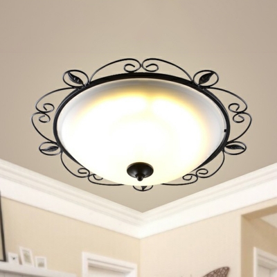 Black 3 Lights Flush Mount Lighting Country Style White Glass Dome Ceiling Lamp with Scrolled Edge, Small/Large