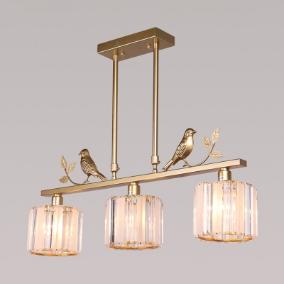 Black/Gold 3 Lights Island Lamp Modern Prismatic Crystal Cylinder Pendant Lighting with Bird Deco