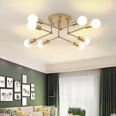 Branching Bedroom Ceiling Lamp Metal 6/8 Lights Postmodern Semi Flush Mount Chandelier in Gold/Black