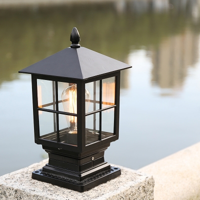 Classic Lantern Post Lighting 1 Bulb Transparent Glass Landscape Lamp in Black/Bronze for Outdoor