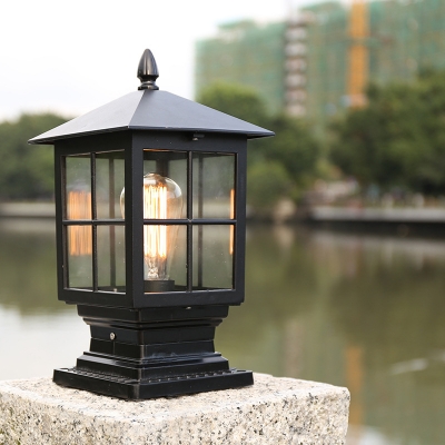 Classic Lantern Post Lighting 1 Bulb Transparent Glass Landscape Lamp in Black/Bronze for Outdoor