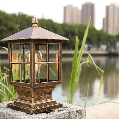 Classic Lantern Post Lighting 1 Bulb Transparent Glass Landscape Lamp in Black/Bronze for Outdoor