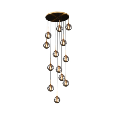 Clear/Amber/Smoke Grey Glass Ball Pendant Modern 13-Bulb Multi Hanging Light Fixture in Brass with/without Ring Guard