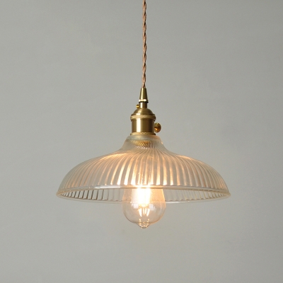 Clear Ribbed Glass Brass Drop Pendant Bowl Shade 1-Light Farmhouse Ceiling Suspension Lamp