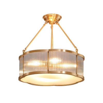Clear Ribbed Glass Flower Ceiling Pendant Antiqued 4 Heads Dining Room Chandelier in Gold