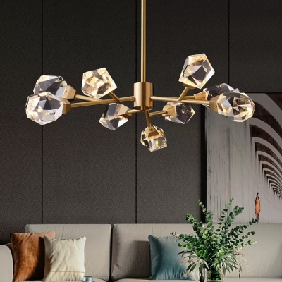 Crystal Gemstone Chandelier Lamp Modern 9 Heads Living Room Ceiling Pendant in Brass
