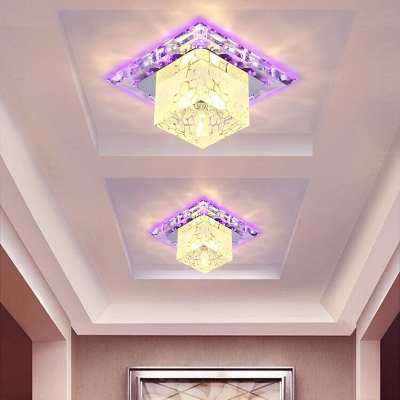 Cubic Hallway Ceiling Flush Light Crystal Modern LED Flush Mount Lamp in Chrome, Warm/Blue/Purple Light