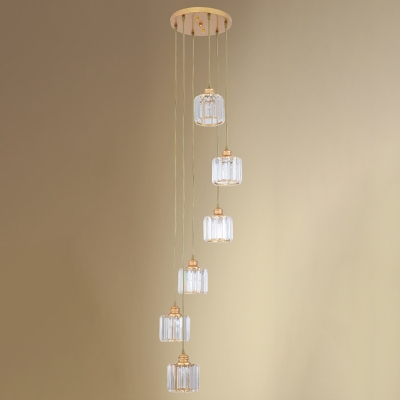 Cylinder Living Room Ceiling Pendant Clear K9 Crystal Prism 6/8-Head Modern Multi Hanging Light in Black/Gold
