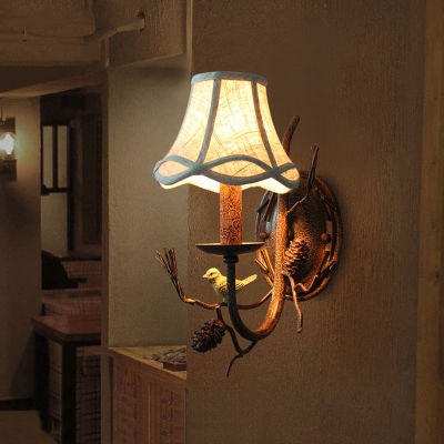 Flared Fabric Wall Lamp Fixture Farm Style 1/2-Bulb Corridor Sconce Light with Bird and Pine-Cone Decor in Brown