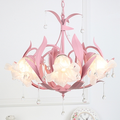 Frost Glass Flower Chandelier Korean Garden 3/6 Heads Dining Room Ceiling Hang Lamp in Pink/Blue/Green with Crystal Drip