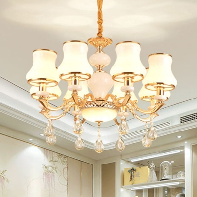 Gold 3/6/15 Lights Pendant Light Fixture Traditional Flare Milky Glass Chandelier with Decorative Crystal