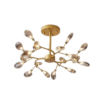 Gold Branching Ceiling Chandelier Modern 18/30-Light Metal Firefly Hanging Lamp with Clear/Smoke Grey Acrylic Shade