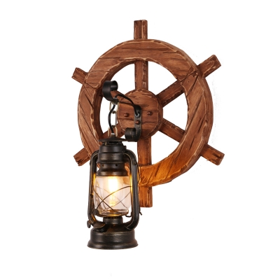 Key/Rudder Shaped Wooden Wall Lamp Nautical 1 Head Bedside Wall Mount Light in Brown with Kerosene Clear Glass Shade