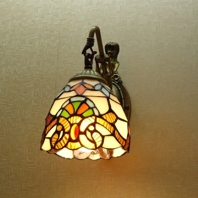 Mediterranean Mermaid Wall Hanging Light Single Metal Wall Mounted Lamp in Brass with Bell/Pyramid Stained Glass Shade