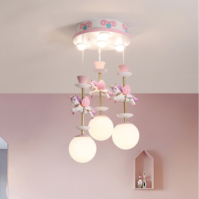 Merry-Go-Round Ceiling Pendant Cartoon Metal 3/5 Bulbs Pink Multiple Hanging Lamp in Pink