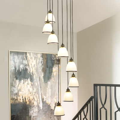Metal Spiral Cluster Pendant Lamp Modern 6/8/12-Head Black/Gold Hanging Light with Bell White Glass Shade