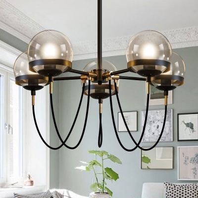 Mid-Century Sphere Chandelier Amber Glass 5-Head Living Room Pendant Lighting with Swoop Arm in Bronze/Black