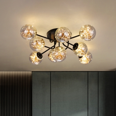 Modern Ball LED Ceiling Light Amber/Smoke Grey Glass 5/9 Heads Living Room Starry Semi Flush Mount in Black