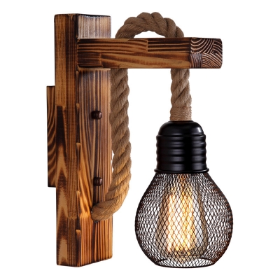 Natural Fiber Rope Brown Wall Light Kit Shaded/Shadeless 1 Head Cottage Wall Mount Lamp with Wood Backplate