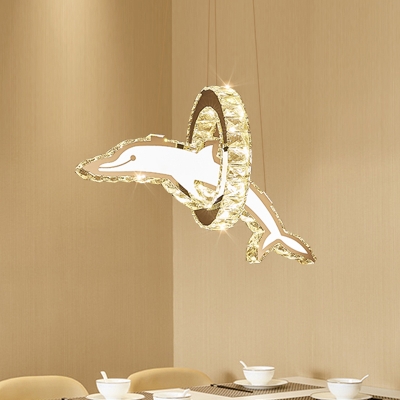 Novelty Kids Dolphin Pendant Light Crystal Encrusted Baby Room LED Chandelier Lamp in Clear