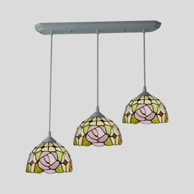Peony Patterned Bowl Pendant Light 3-Light Stained Glass Tiffany Multi Hanging Lamp in White