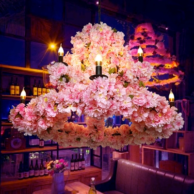 Pink Cherry Candle Style Chandelier Lodge Iron 9-Head Restaurant Suspension Lighting