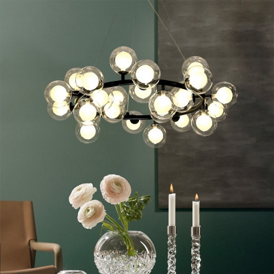 Postmodern 25-Bulb Chandelier Black/Gold Circle Ceiling Pendant with Bubble Frosted Glass Shade