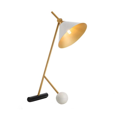 Postmodern Bipod Nightstand Lamp Marble 1 Head Bedroom Table Light with Cone Shade in White and Brass