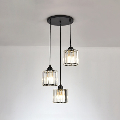 Prismatic Crystal Cylinder Cluster Pendant Postmodern 3 Bulbs Black/Gold Hanging Light with Round/Linear Canopy