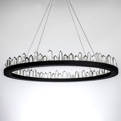 Rectangle/Round Cut-Crystal Pendant Light Simple Sitting Room LED Ceiling Chandelier in Black, 23.5