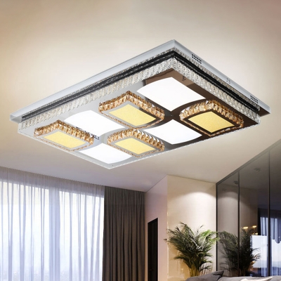 Rectangular Living Room Ceiling Lighting Clear Crystal Modern LED Flushmount with Checkered Design