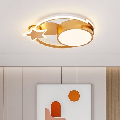 Round/Star and Planet Acrylic Ceiling Light Kids Style White/Gold LED Flush Mount Lighting in Warm/White Light, 19.5