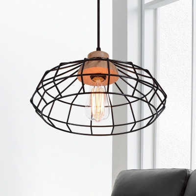 Rustic Round Cage Hanging Light 1 Bulb Iron Suspended Lighting Fixture in Black with Wood Socket