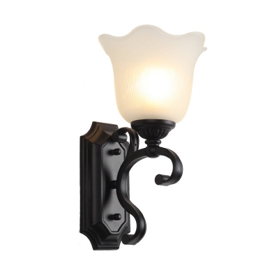 Sandblasted Glass Floral Wall Light Kit Rustic 1/2-Light Foyer Wall Mounted Lamp in Black