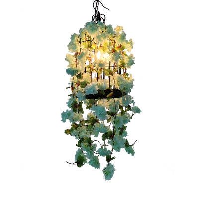 Single Iron Pendant Lighting Rustic Light Green Birdcage Dining Room Suspension Lamp with Decorative Flower