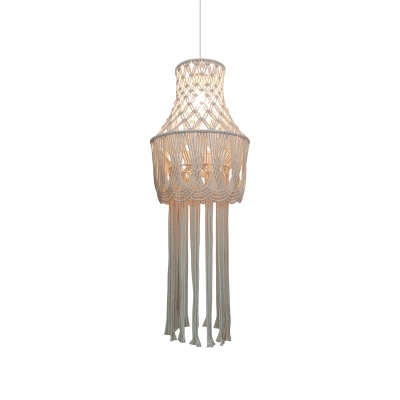 Single Knitted Vase Pendant Light Rustic Beige Hemp Rope Small/Large Ceiling Suspension Lamp with Fringe