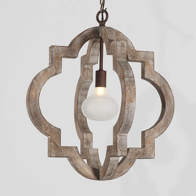 Single Quatrefoil Caged Pendant Lighting Countryside Distressed White/Brown Wooden Hanging Lamp
