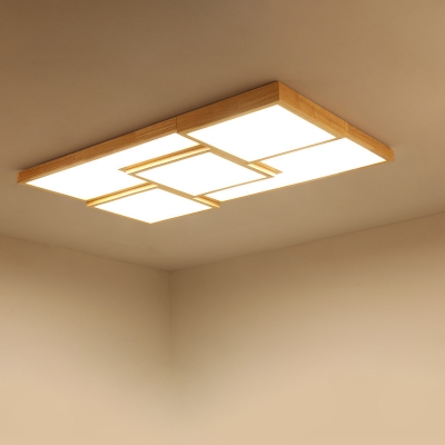 Small/Large Rectangle Acrylic Ceiling Lighting Nordic Wood LED Flush Mount with Checkered Design, Warm/White/3 Color Light
