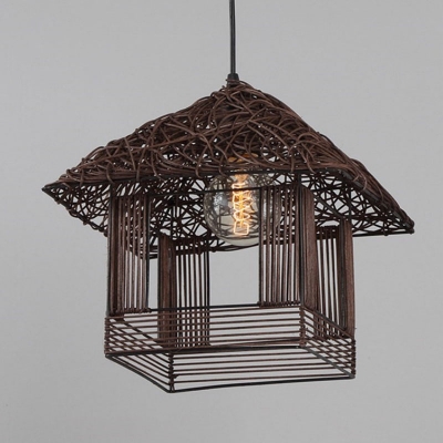 Small/Large Rustic Single Hanging Light Wood/Coffee/Orange House Suspension Lighting with Rattan Shade