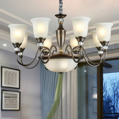 Trumpet Flared Frosted Glass Chandelier Country Style 3/6/8 Bulbs Living Room Suspension Light in Black