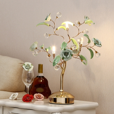 Red/Green Rose Tree Table Lamp Pastoral Ceramic 3/6-Bulb Bedroom Night Lighting with K9 Crystal Deco