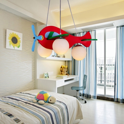 Wooden Helicopter Pendant Lighting Cartoon 3-Bulb White/Red Chandelier Lamp with Ball Milk Glass Shade