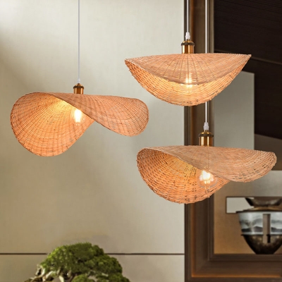 1 Bulb Dining Table Hanging Pendant Modern Wood Ceiling Light with Curved Bamboo Shade, 16
