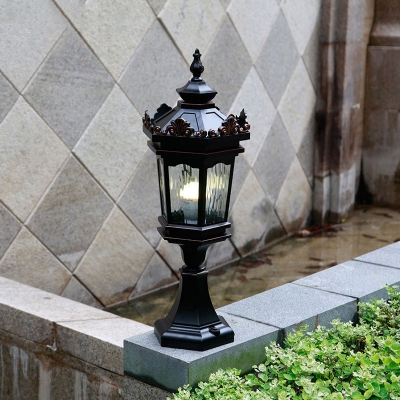 1-Bulb Exterior Lighting Retro Fence Post Light with Faceted Water Glass Pane Shade in Black
