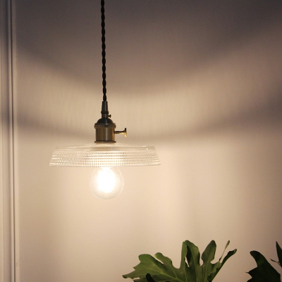 1-Light Hanging Lamp Kit Nautical Plate/Bowl Shaped Clear Lattice Glass Pendant Lighting Fixture in Brass