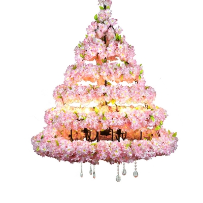 14 Lights Pendant Chandelier Country Style Cone Metal Pendulum Light with Artificial Cherry Deco in Pink/Rose Red