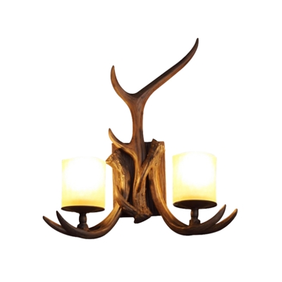 2-Bulb Resin Wall Sconce Rural Brown Antler Living Room Wall Lighting with Frost Glass Shade
