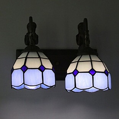 2 Heads Scalloped Wall Light Fixture Mediterranean Blue Grid Glass Wall Sconce Lighting